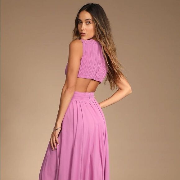Lulus Vivid Imagination Lilac Pink Cutout Maxi Chiffon V Neck Dress Small NEW - Picture 7 of 16